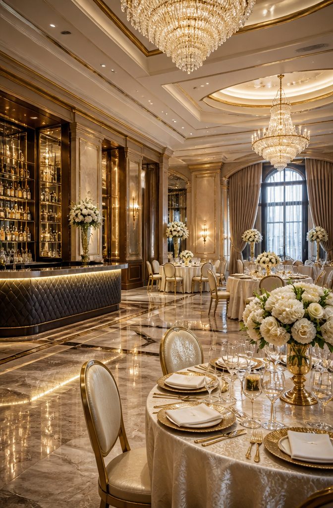Luxury banquet hall featuring ornate chandeliers and lavish table settings.