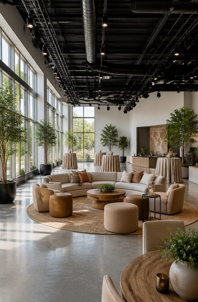 Modern event center with modular furniture and large windows.