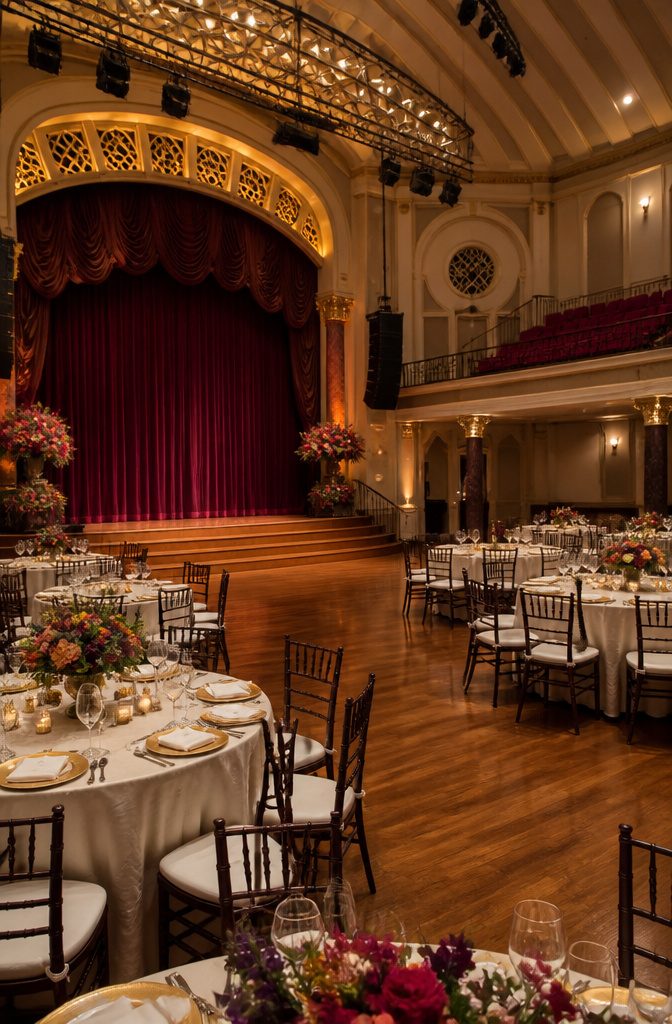 Grand performing arts venue with a draped stage and open floor.
