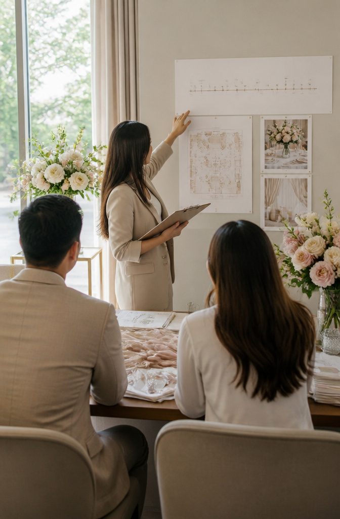 Event coordinator consulting with a couple in a wedding banquet hall.