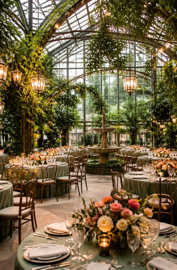 Botanical conservatory with greenery and colorful floral arrangements.