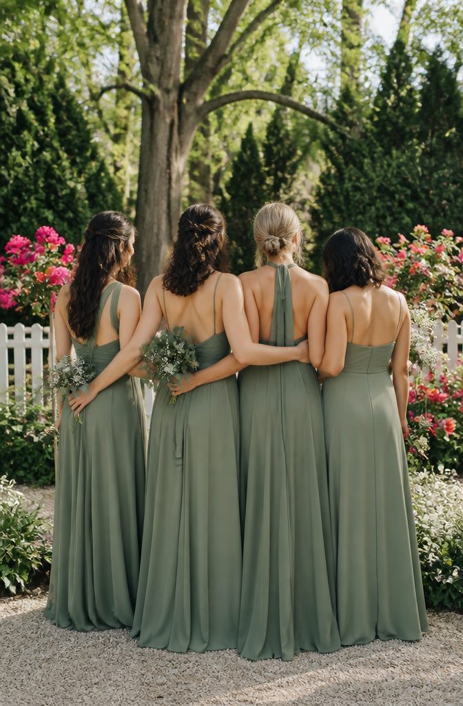 Wedding Bridal Party Attire, Flowers and Table Ideas 1 Bridesmaids in dusty sage dresses in a lush garden setting.