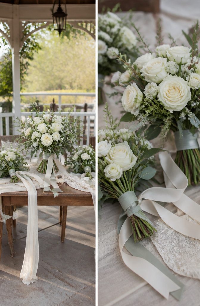 Wedding Bridal Party Attire, Flowers and Table Ideas 2 Bridal bouquet with garden roses and greenery alongside smaller bridesmaid bouquets.