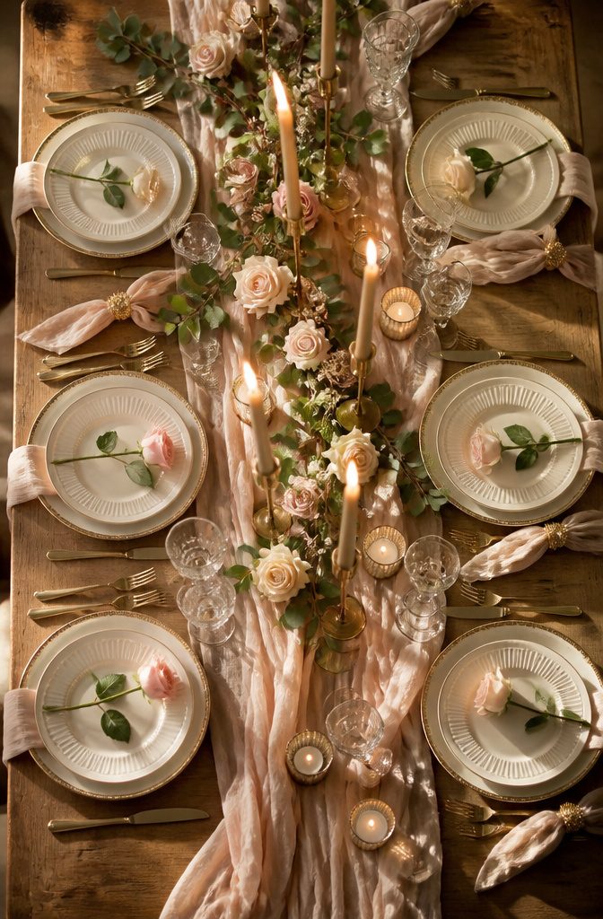 Wedding Bridal Party Attire, Flowers and Table Ideas 3 Bridal party table with blush silk runner and champagne taper candles.