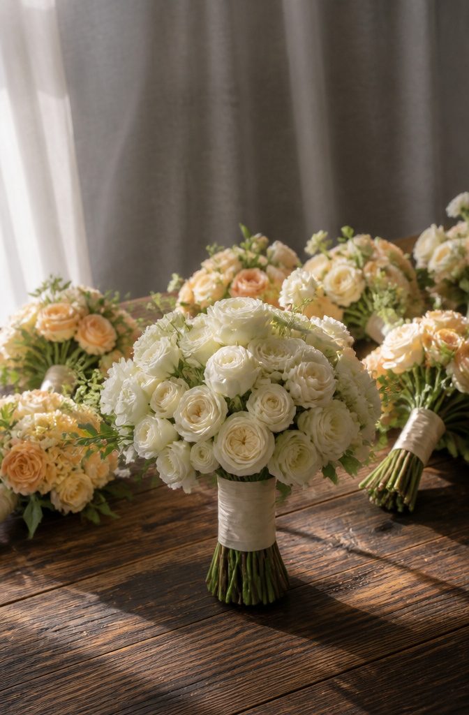 Wedding Bridal Party Attire, Flowers and Table Ideas 6 Bridesmaid bouquets arranged with similar flowers to the bridal bouquet.