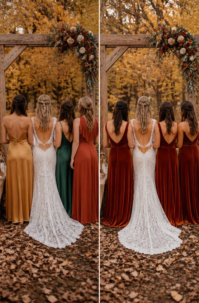 Wedding Bridal Party Attire, Flowers and Table Ideas 5 Bridal party dressed in spring colors of soft greens and pale pinks.
