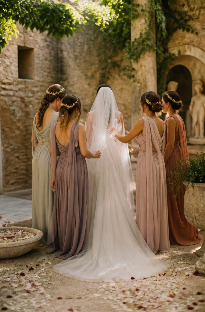 Wedding Bridal Party Attire, Flowers and Table Ideas 4 Bridesmaids in vintage-style gowns in an ancient stone courtyard.