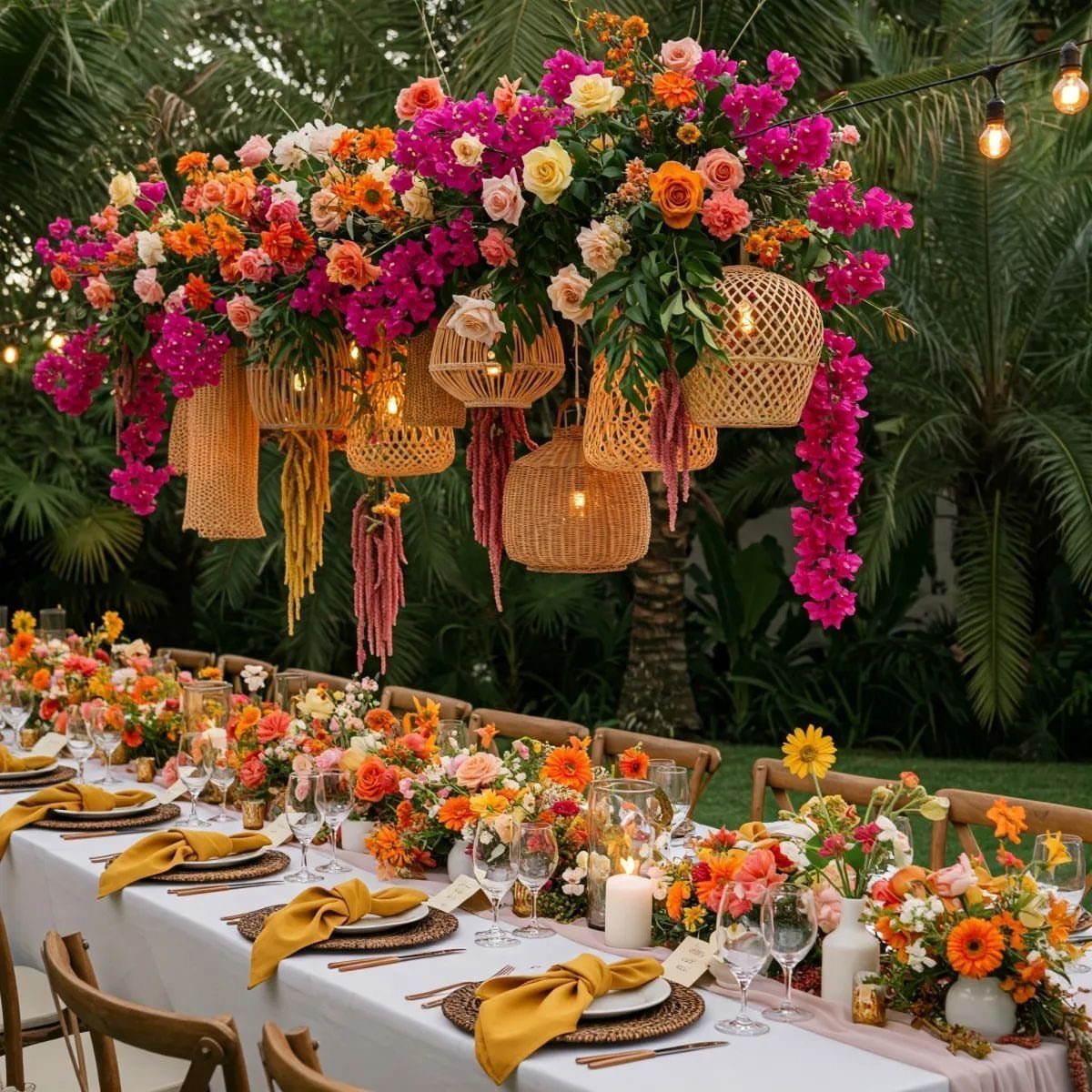 A long outdoor wedding table decorated with vibrant pink, orange, and yellow floral arrangements and woven hanging baskets.