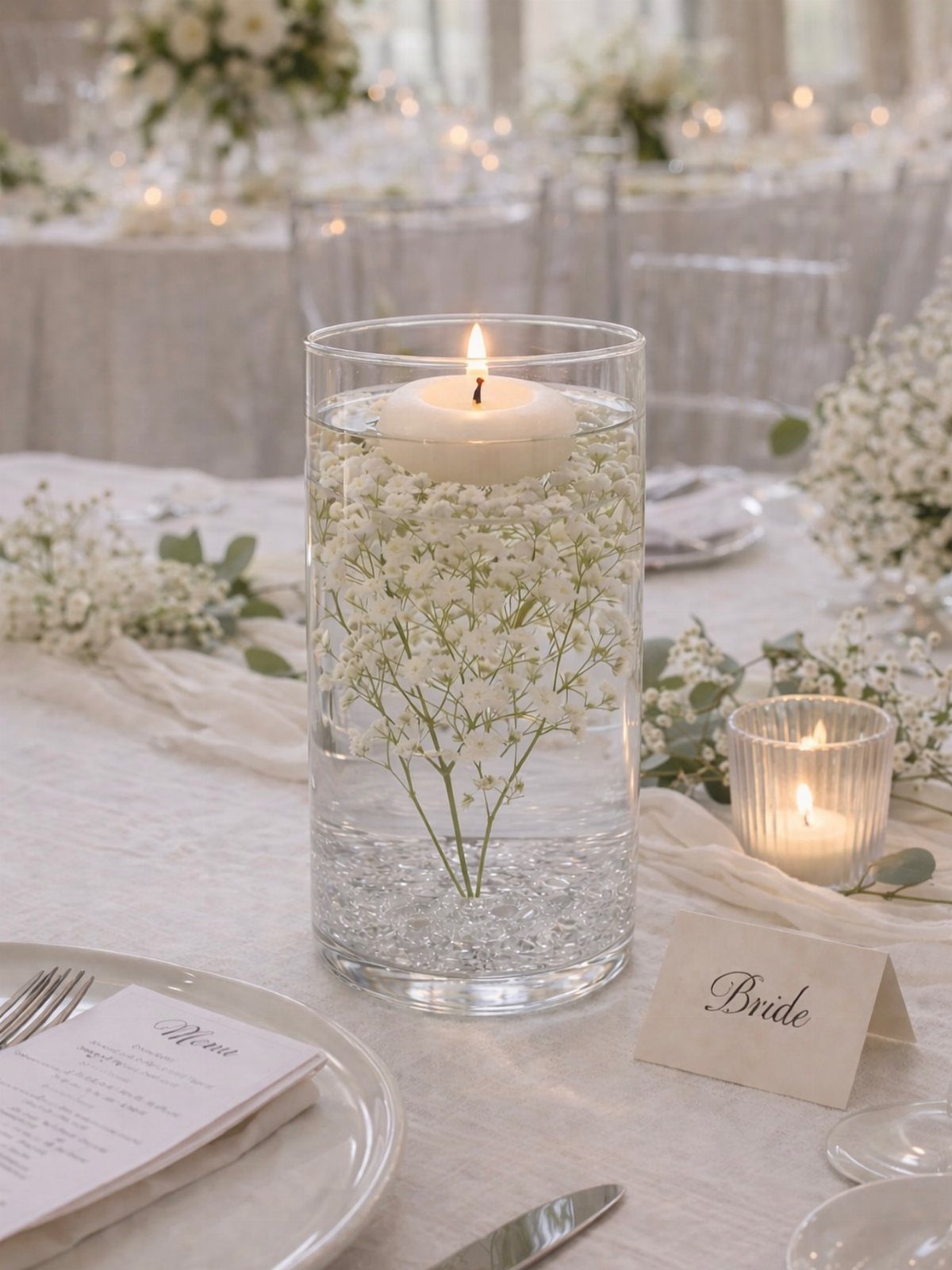A white floating candle in a tall glass vase filled with baby's breath flowers on a wedding table.