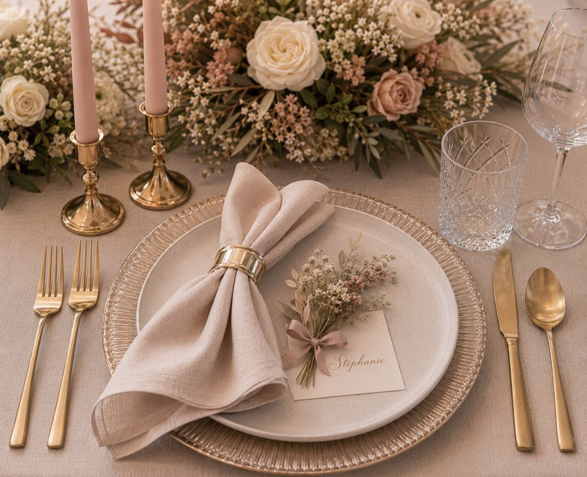 A formal wedding table setting with gold flatware, a beige napkin, and pink taper candles.
