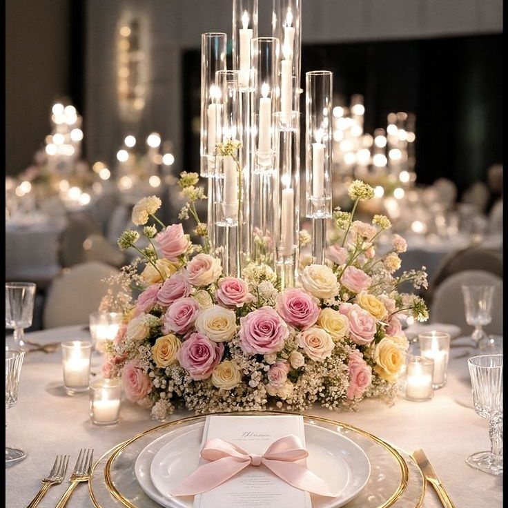 A wedding table setting with pink roses, tall glass candles, and a white plate with a pink ribbon.