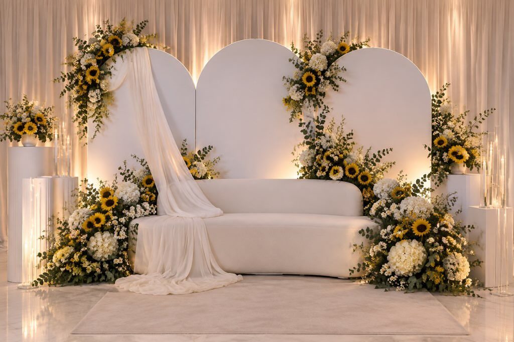 White scalloped backdrop decorated with sunflowers and white flowers behind a white sofa.