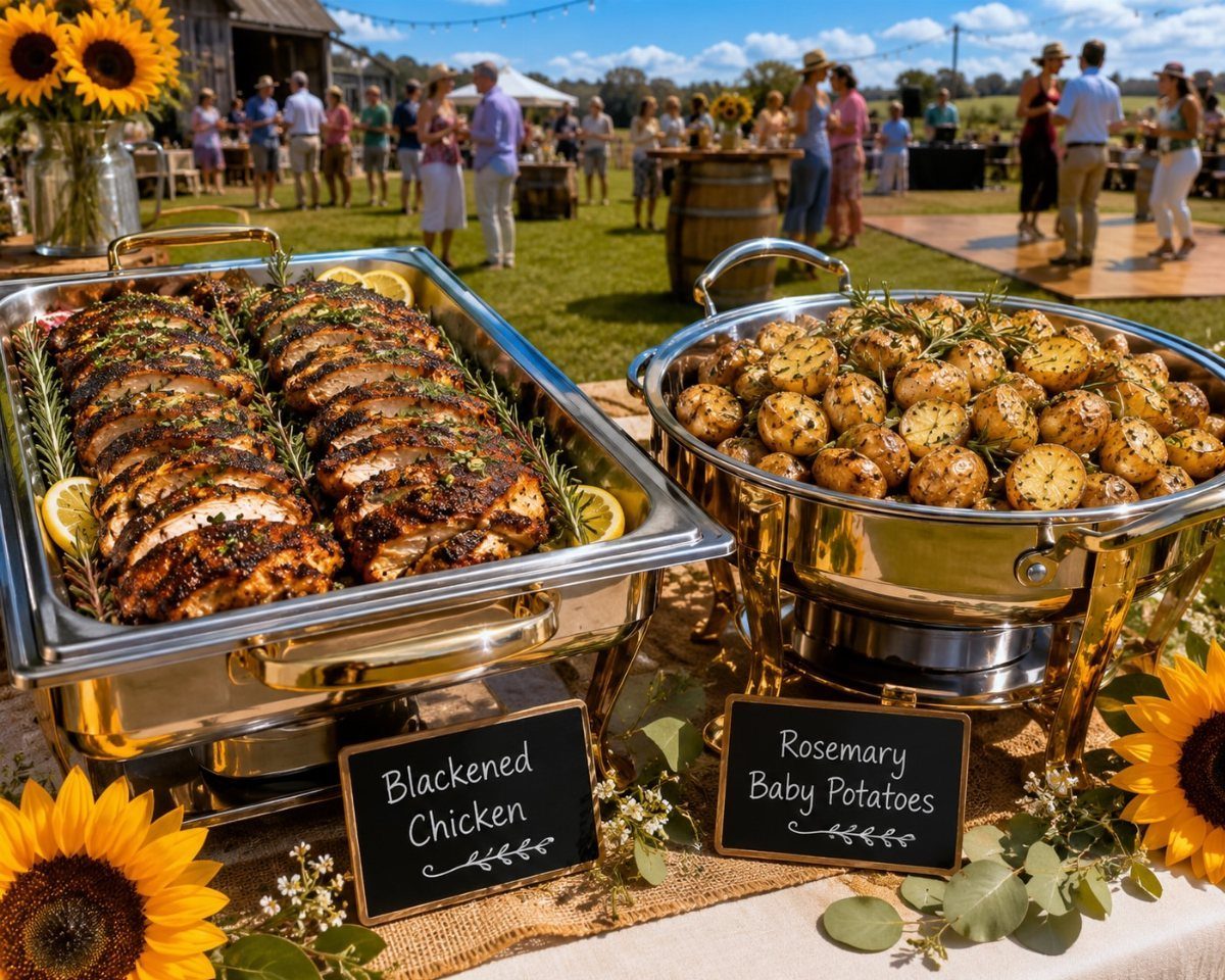 Blackened chicken and rosemary baby potatoes served in silver chafing dishes with sunflower decorations.
