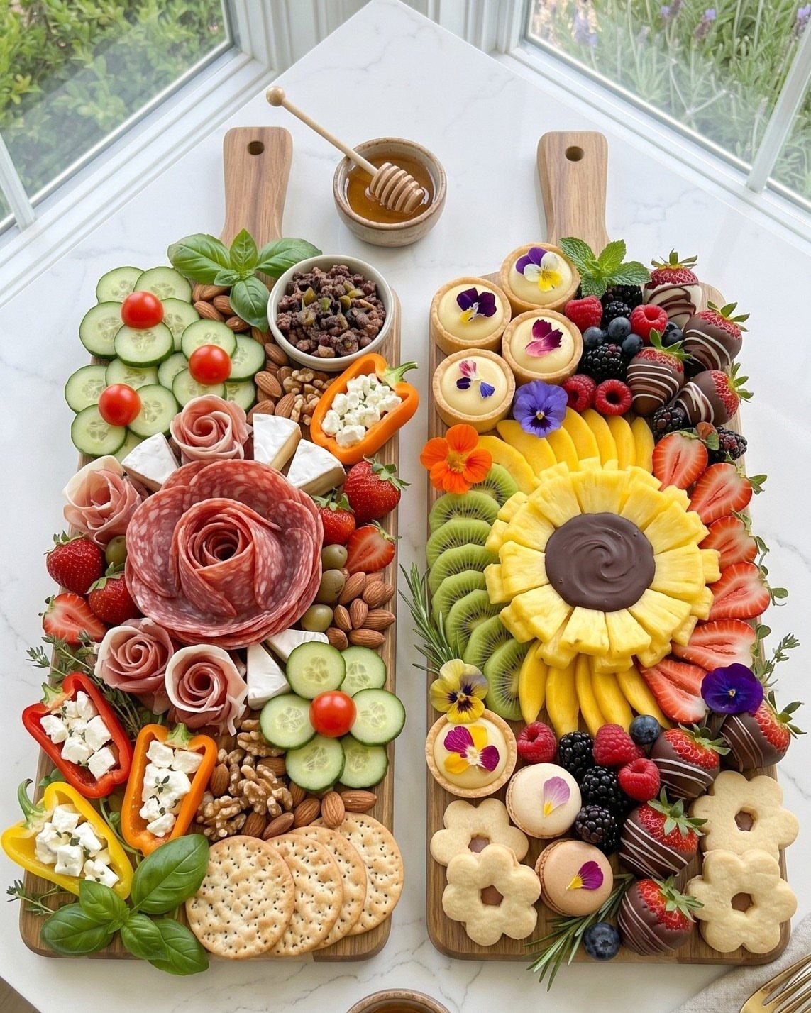 Two wooden boards filled with charcuterie and a sunflower-shaped fruit arrangement on marble.
