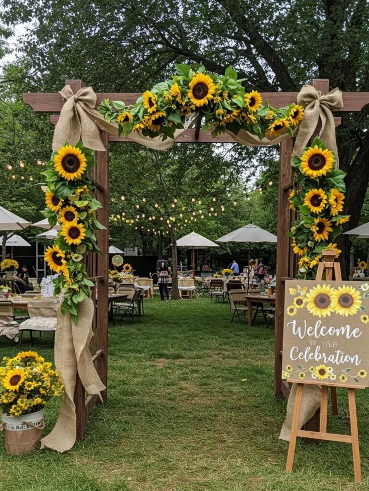 A wooden wedding arch adorned with sunflowers and burlap bows in a garden setting.