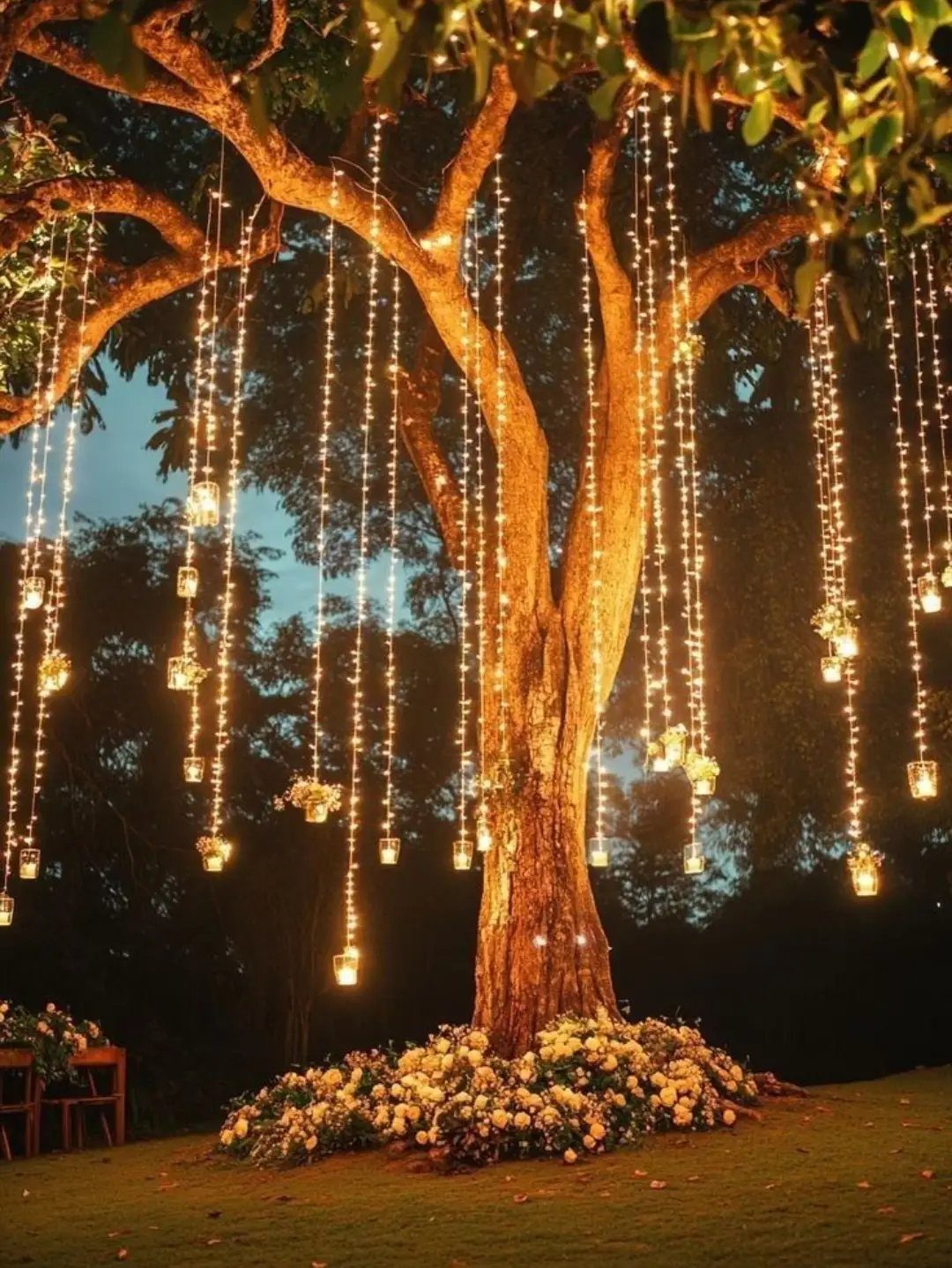 7 Wedding Tree Decorations That Work Outside the Ballroom 3 Vertical strings of warm fairy lights with small glass candle holders hanging from a large tree.