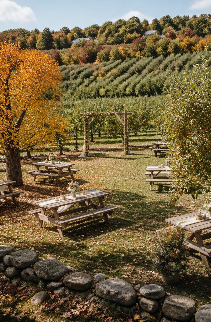 10 Vintage Wedding Venues in Indiana for a Classic Celebration 4 Apple trees at Martha's Orchard in Clayton, Indiana, set for outdoor weddings.