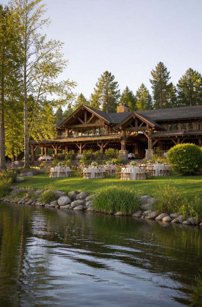 10 Vintage Wedding Venues in Indiana for a Classic Celebration 1 Rustic lodge-style clubhouse at Purgatory Golf Club with water backdrop.