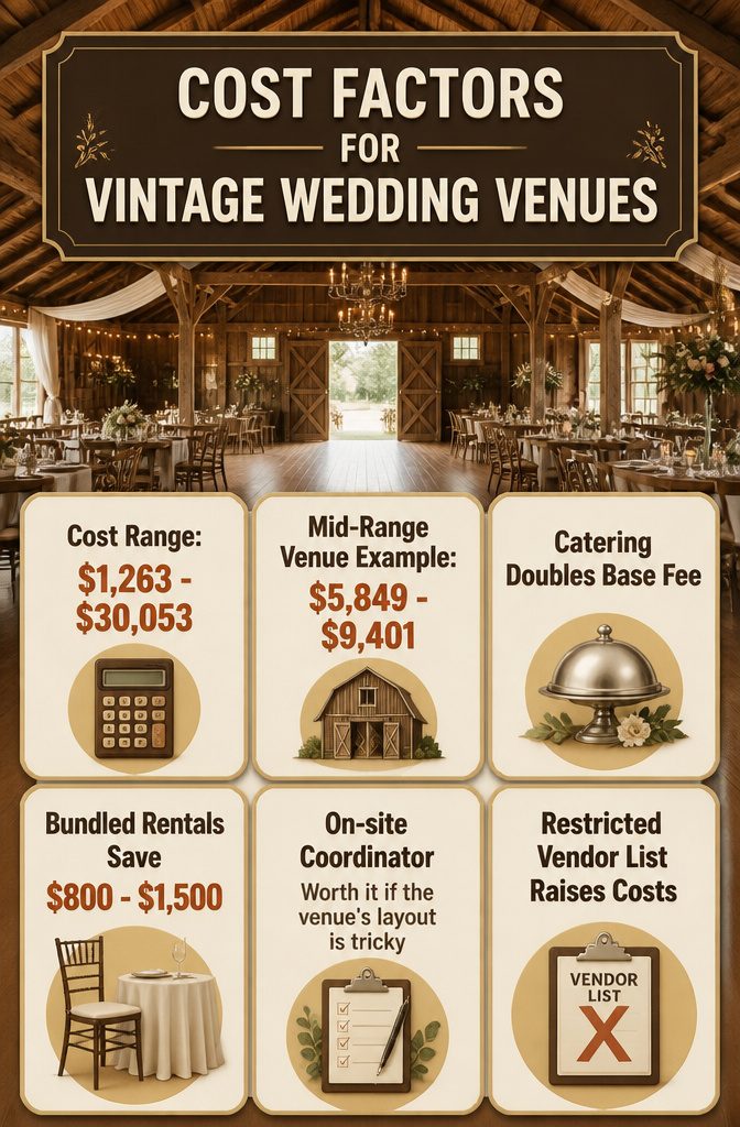 10 Vintage Wedding Venues in Indiana for a Classic Celebration 11 Cost factors for vintage wedding venues in Indiana, showing price range.