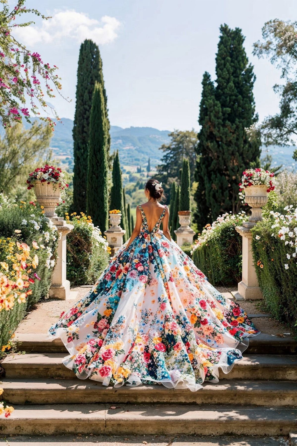 A woman in a white floral ball gown stands on stone steps amidst lush greenery.