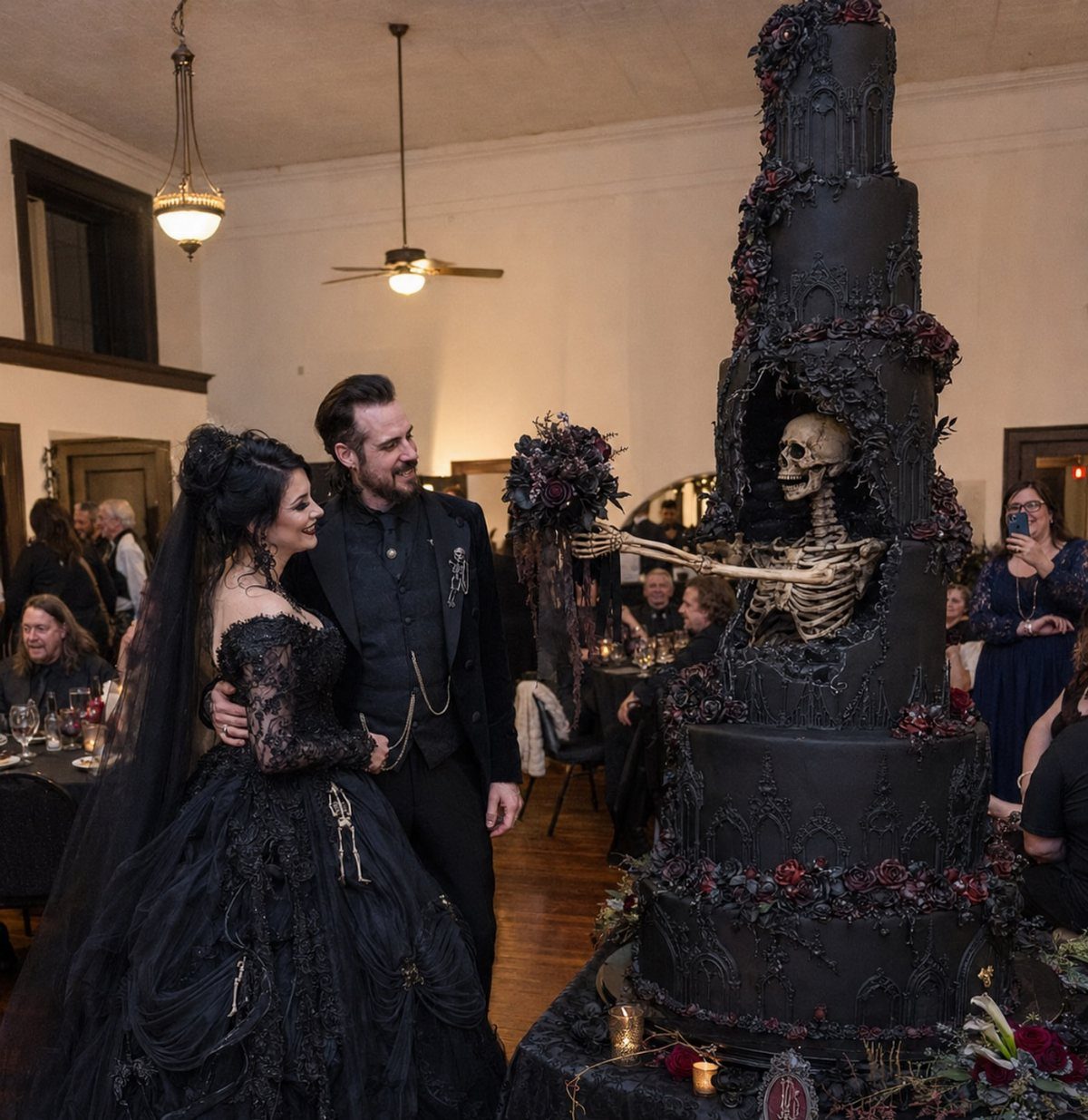 A bride and groom in black clothing stand beside a large, gothic black wedding cake.
