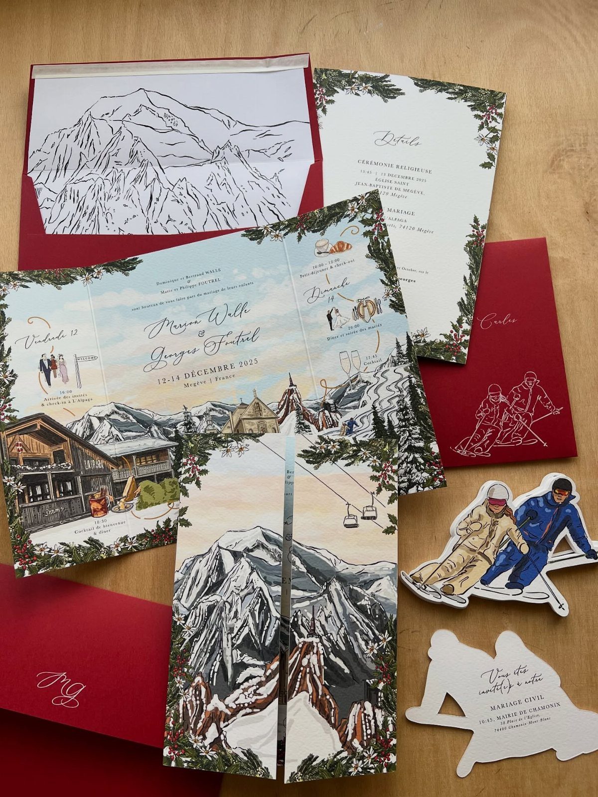 19 Winter Wonderland Wedding Ideas for a Modern Celebration 10 Winter themed wedding invitations with mountain illustrations and skier motifs on a wooden table.