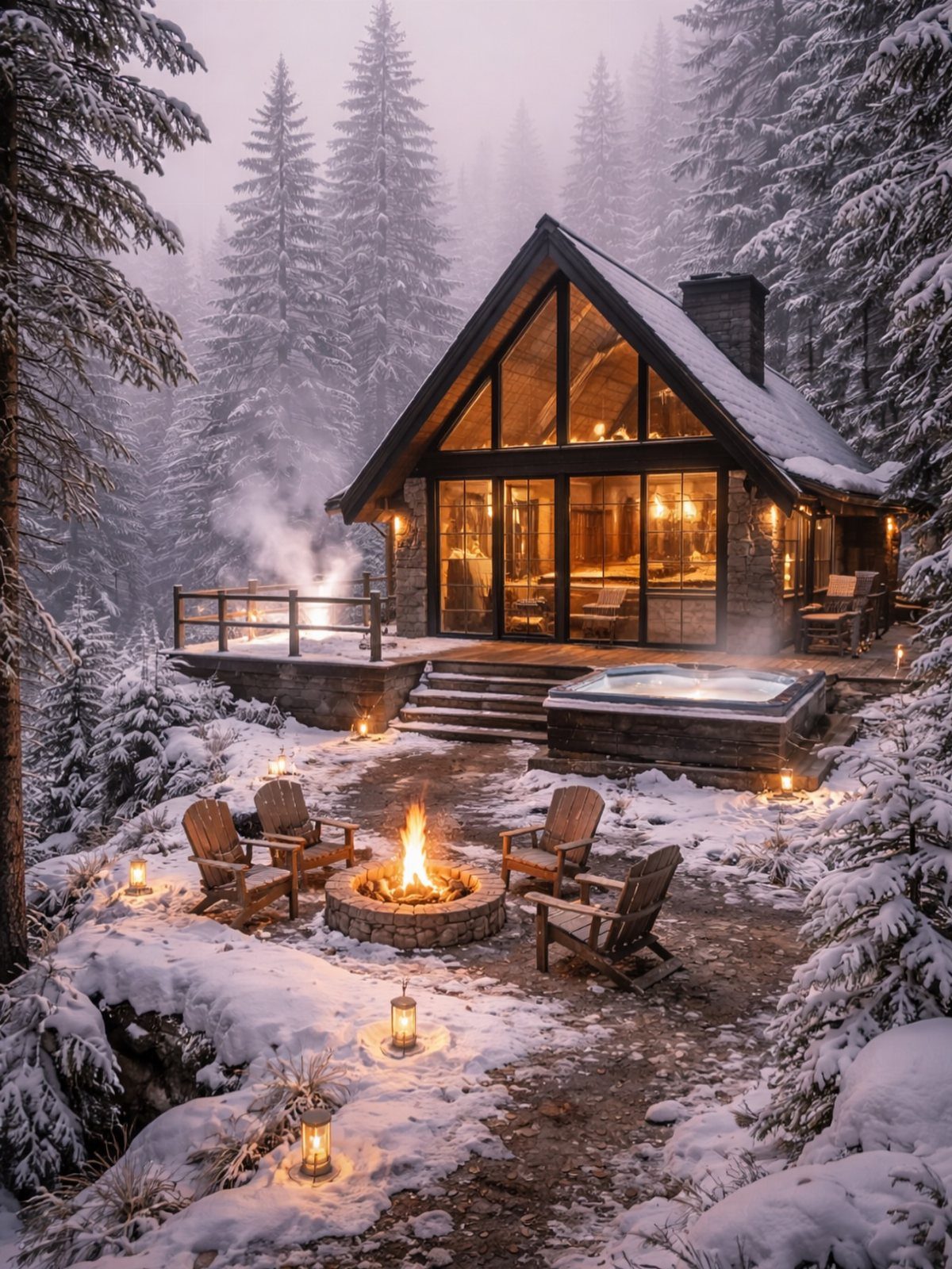 19 Winter Wonderland Wedding Ideas for a Modern Celebration 4 A glowing A-frame wooden lodge nestled in a snowy pine forest with an outdoor firepit.