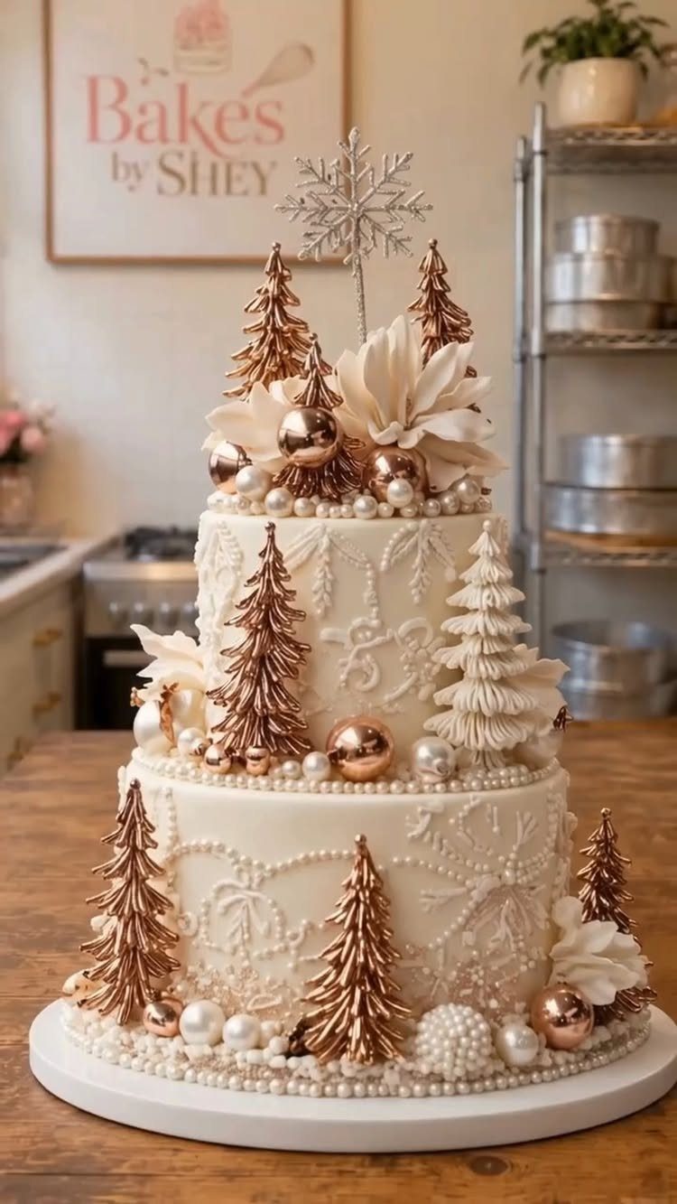 19 Winter Wonderland Wedding Ideas for a Modern Celebration 12 A two-tier white wedding cake decorated with rose gold pine trees, white flowers, and ornaments.